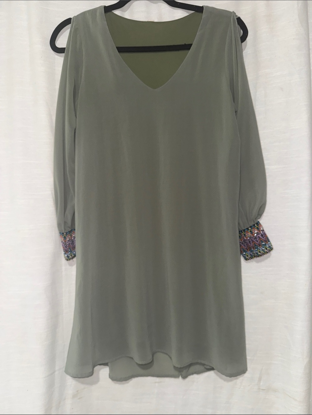 Tyche Olive Green V-Neck Tunic with Multicolor Embellished Cuffs
